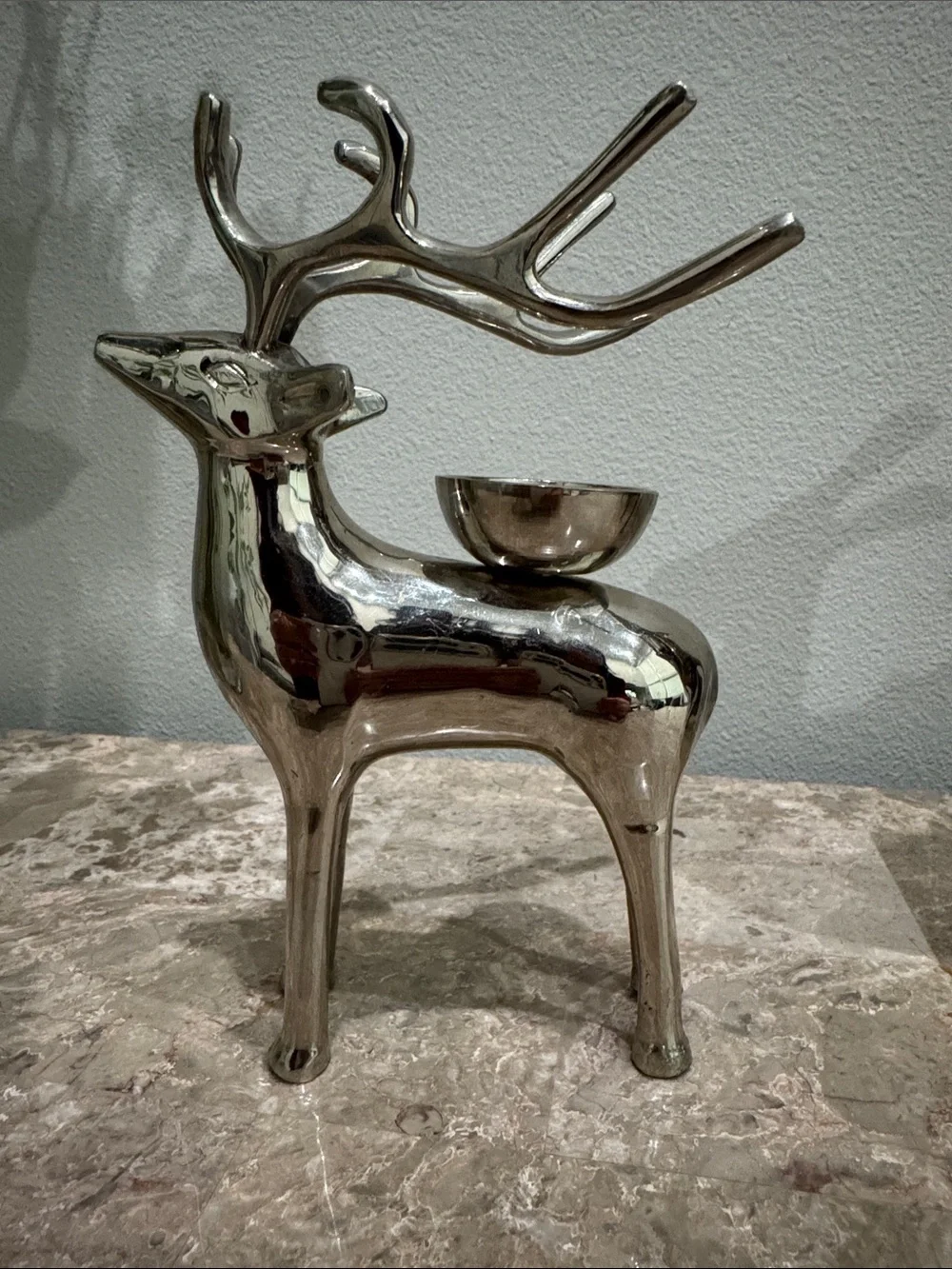 Polished chrome reindeer tea light candle Holder weighted 7.5” tall